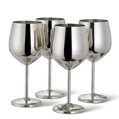 Afbeelding van Oak &amp; Steel 4 Zilveren RVS Wijnglazen (540ml) Onbreekbare Metalen Rodewijnglazen, Geschikt voor Cocktails Mixdrankjes, Glanzende Afwerking