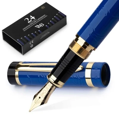 Afbeelding van Wordsworth &amp; Black Primori Vulpennen, medium punt, met 6 inktpatronen, navulconverter, geschenkdoos, dagboek, kalligrafie, glad schrijven, goudblauw, voor dames en heren