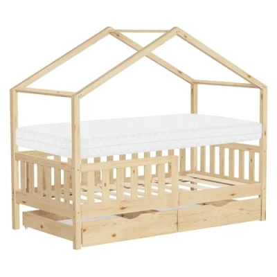 Afbeelding van ML Design lit pour enfant, 80 x 160 cm, naturel, avec matelas, 2 tiroirs, protection anti chute et sommier à lattes, de jeu en bois pin, cadre Montessori enfants, sol, maison