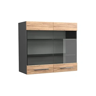 Afbeelding van Vicco Glazen keukenkast Fame Line, Krachtige eik goud/Antraciet, 80 cm