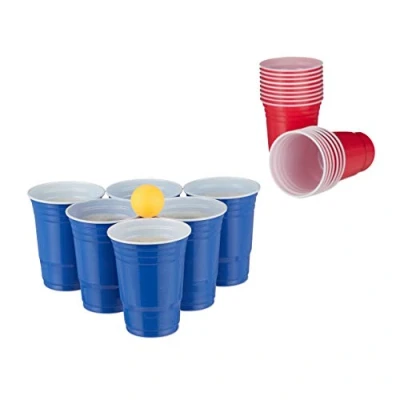 Afbeelding van relaxdays beerpong set met ballen 50 bierpong bekers blauw rood 6 pingpongballen