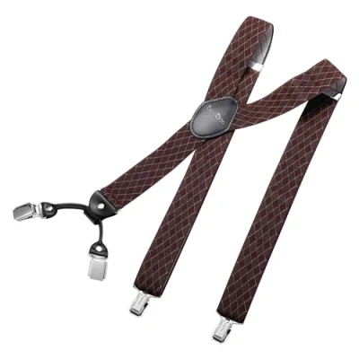 Afbeelding van DonDon brede bretels 3,5 cm 4 Y vormige leren clips elastisch en in lengte verstelbaar zwart blauw, Rhomb bruin, one size