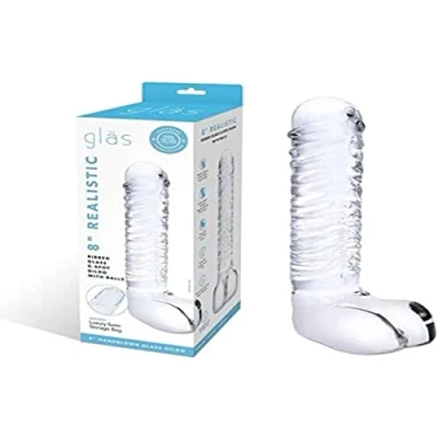 Afbeelding van Glas Realistic Ribbed Glass G Spot Dildo with Balls