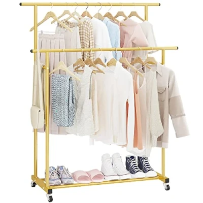 Image de Calmootey Portant à vêtements double tringle, porte roulettes, organiseur de portable pour chambre coucher, salon, magasin vêtements, doré
