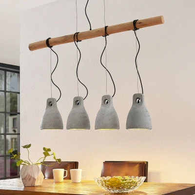 Afbeelding van Lindby hanglamp 4lichts beton, hout E27 grijs, licht