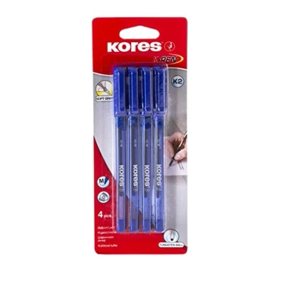 Afbeelding van Kores K2: blauwe balpen, medium punt 1 mm, kleurvaste inkt voor zacht schrijven, zachte grip, school en kantoorbenodigdheden, 4 stuks