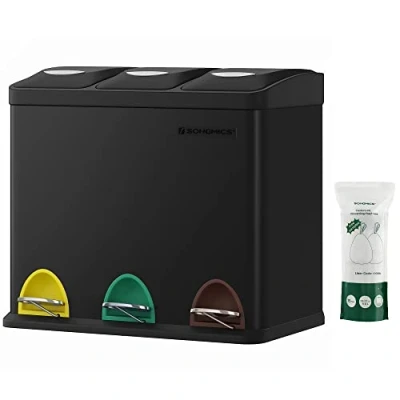 Afbeelding van Afvalbak 3 x 8 liter met deksel en binnenemmer crème wit bruin 24 afvalscheidingssysteem pedaal, rookgrijs in 1 afvalemmer capaciteit
