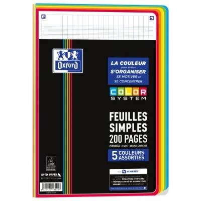 Afbeelding van OXFORD Enkele vellen COLOR SYSTEM, A4, geperforeerd, 200 pagina&#039;s, grote ruiten, Seyès, 5 kleuren, verschillende lijsten onder folie, zwart