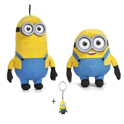 Afbeelding van Play by Minions Rise of Gru Set van 3 hoogwaardige pluche dieren Bob, Otto, Kevin, Stuart, Dave met PVC ogen Originele licentie (Bob + Kevin 3D sleutelhanger)