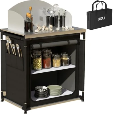 Afbeelding van BAKAJI Keukenkast, campingtafel, picknicktafel, compact, draagbaar, opvouwbaar, aluminium frame, kitchenette slabbetjes, draagtas, opbergvak van stof (compact eenvoudig)