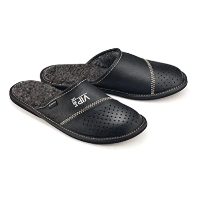 Afbeelding van ESTRO pantoffels voor heren, leer, pantoffels, onvergetelijke zool, MZ01, zwart.
