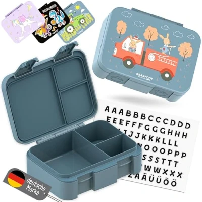 Afbeelding van BEARFOOT Bento Box Compact lunchbox voor kinderen, BPA vrij, school en kleuterschool, lekvrije meisjes jongens, praktisch, licht compact, brandweerblauw, 650