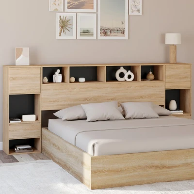Image de Tête de lit sur pied CAMPHA 240 cm avec chevets tiroir + placards niches bois et noir IDMarket