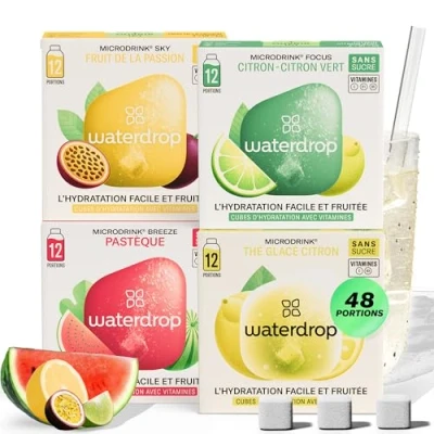 Image de waterdrop® Microdrink Coffret Tropical 48 waterdrop boisson en cube effervescente 4 saveurs Avec Thé Glacé CITRON Extraits naturels de fruits et plantes Eau aromatisée pastille