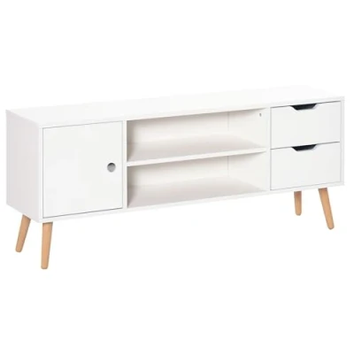 Afbeelding van HOMCOM tv kast, bank, Scandinavische stijl, kast met 2 nissen, laden, doorvoertule, spaanplaat, wit, grenen hout