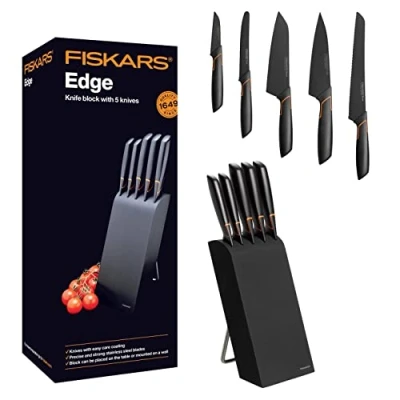 Afbeelding van Fiskars Edge Messenset met Blok Messenblok Zwart 5 Messen Vaatwasmachinebestendig