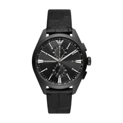 Afbeelding van Emporio Armani Herenhorloge, chronograaf uurwerk, 43 mm, roestvrijstalen behuizing met ProPlanet leren band, AR11483, zwart, armband, zwart., Klassieke jurk