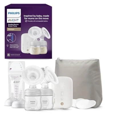 Afbeelding van Philips Avent dubbele elektrische borstkolf, ziekenhuissterkte en oplaadbare motor, geïnspireerd op de natuurlijke zuigreflex van baby&#039;s, reistasje, model SCF398/31