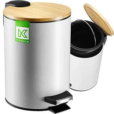 Afbeelding van KADAX Afvalemmer voor badkamer, 3 liter, 5 kleuren, kleine afneembare container met bamboedeksel, badkamer en toilet (wit)