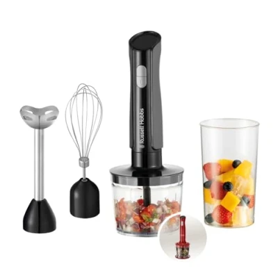 Image de Russell Hobbs Mixeur plongeant [Batteur 3 en 1] Hachoir électrique (robot culinaire avec accessoires pour aliments bébés, smoothies, soupe, 2 vitesses + impulsion, acier inoxydable, sans BPA)