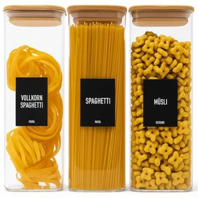 Afbeelding van Déco haus® Voorraadpotten voor spaghetti, 3 stuks, met deksel + etiketten, luchtdicht, granen, cornflakes, meel, glazen blikjes deksel, x 2300 ml