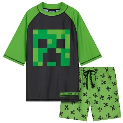 Afbeelding van Minecraft 2 delig badpak voor jongens, en zwemshorts, Groen/Zwart