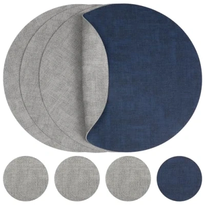 Afbeelding van Myir JUN Lederen Placemat en Onderzetters, Tafelmatten PU Waterdichte Afveegbare Dubbelzijdige Keuken Plaats Matten Koffiematten Antislip Wasbare Placemats Coaster Sets 4 (Grijs Blauw, Rond)