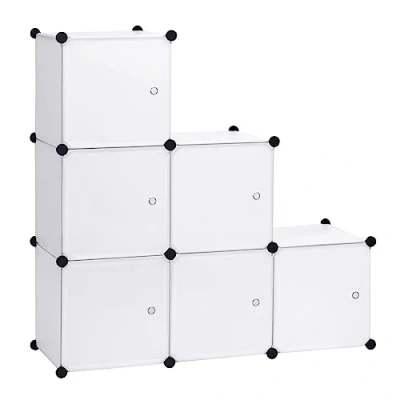 Afbeelding van WOLTU Doe het zelf kunststof kast voor slaapkamer van modules met deur opbergen kleding, accessoires, speelgoed, boeken, schoenen, 6 kubussen, 96 x 30 cm (b d h), wit SR0056ws