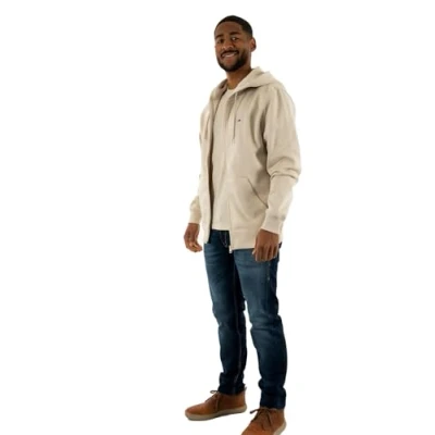 Image de Tommy Jeans Sweat à Capuche avec Fermeture Éclair Homme Flag Zip Thru Capuche, Beige (Newsprint), S