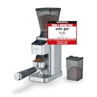 Afbeelding van CASO BaristaChef Elektrische koffiemolen, conische molen van duurzaam roestvrij staal, met filterhouder, 48 nauwkeurige maalstanden, 450 tpm, individuele dosering