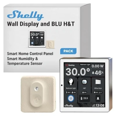 Afbeelding van Shelly Wall Display White + Blu H&amp;T Ivory (Bundle), WLAN &amp; Bluetooth domoticaset, bedieningspaneel, temperatuur en vochtigheidssensor, relais 5A, aangesloten thermostaat, verbruiksmeting