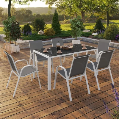 Afbeelding van IDMarket Tuinmeubelset Madrid tafel 150 cm en 6 stapelbare stoelen, wit grijs