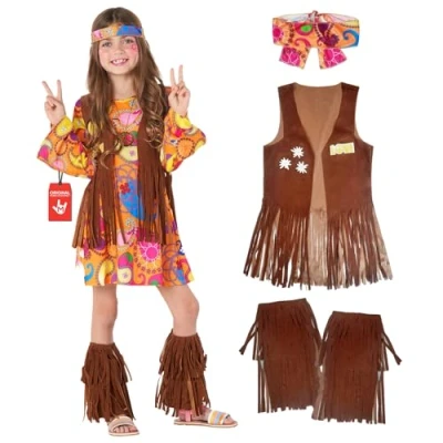 Afbeelding van hippie kostuum voor meisjes, kinderen, vest, carnavalskostuum XL