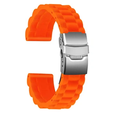 Afbeelding van Ullchro Hoogwaardige reservearmband van siliconen, 16 mm, 18 20 22 24 rubber, met vouwsluiting, roestvrij staal, Oranje, Armband
