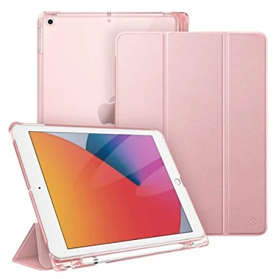 Afbeelding van Fintie Hoes voor iPad 10.2 inch 9e Generatie 2021/ 8e Gen. 2020 / 7e 2019 met Pencil Houder, Ultradun Superlicht Beschermhoes Transparante Achterkant Automatische Slaap waak, Roségoud