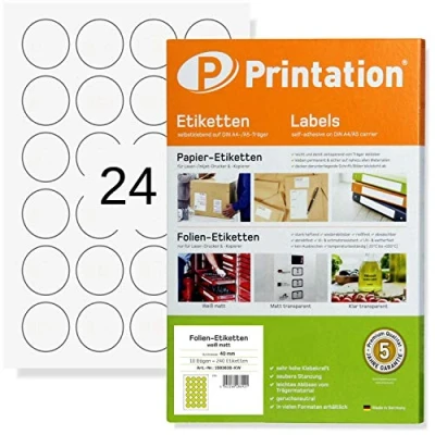 Afbeelding van Printation ronde etiketten 40 mm 240 matte witte stickers zelfklevende op DIN A4 24 kleefpunten per vel 10 stuks 4 cm plakfolie