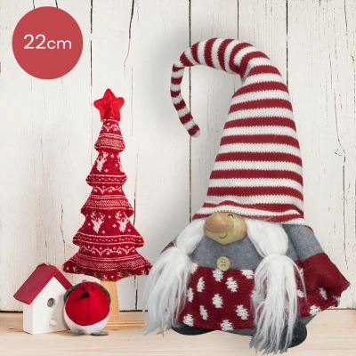 Afbeelding van Handgemaakt Gnoom vrouwtje met rood/wit gestreepte muts 22cm