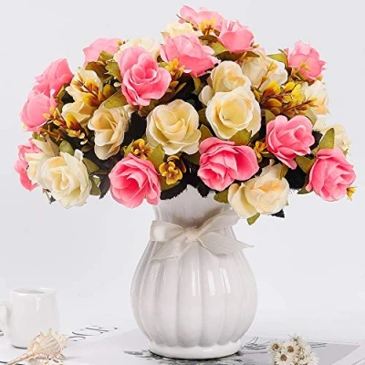 Afbeelding van LESING Kunstzijden roos met vaas, kunstbloemen boeket voor bruiloft, thuis, kantoor, feest, tafeldecoratie (roze 1)