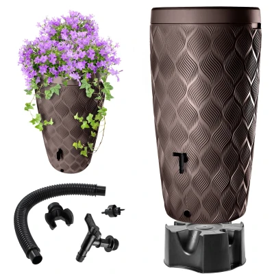 Afbeelding van KADAX Récupérateur d&#039;eau de pluie avec bac à plantes intégré dans le couvercle 240 l En plastique Réservoir robinet et pied (marron foncé)