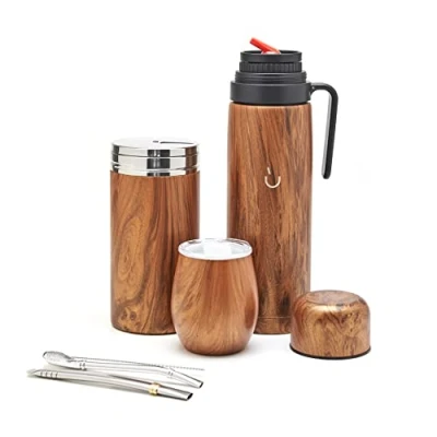 Afbeelding van Complete yerba mate set, modern kalebas, thermoskan, container, twee pompons en schoonmaakborsteltje aanwezig, alles premium kwaliteit 304 18/8 roestvrij staal (hout)