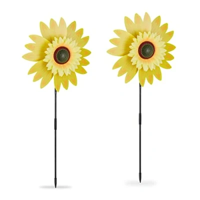 Afbeelding van Relaxdays tuinsteker set van 2 windmolentje zonnebloem 76 cm hoog tuindecoratie