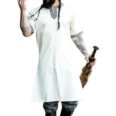 Afbeelding van Leonardo Carbone® Richard Tuniek met korte mouwen, middeleeuwse kleding voor heren, middeleeuws overhemd, vrijetijdshemden, carnavalskostuum Viking tuniek,