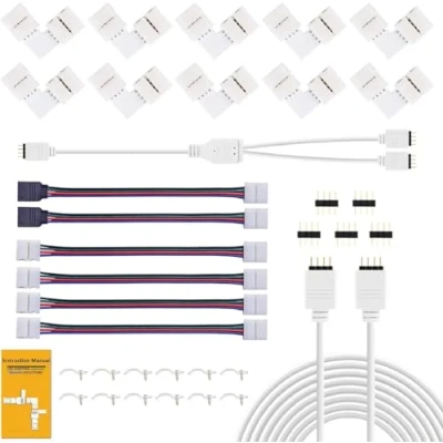 Afbeelding van LED aansluiting, inclusief 10 L vormige aansluitingen, 2 m verlengkabel voor ledstrips, 4 verlengkabels 5 connectoren, polig
