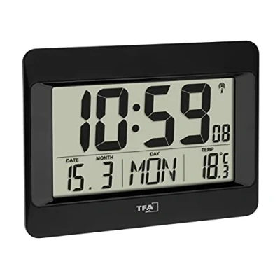Image de TFA Dostmann horloge murale numérique, 60.4519.01, avec température intérieure, jour de la semaine (réglable en français et 7 autres langues), date, réglage du fuseau horaire, noir