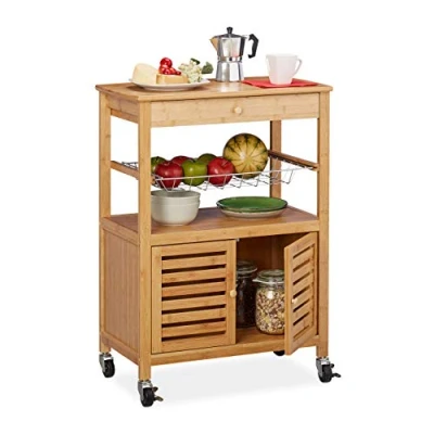 Afbeelding van Relaxdays Bamboe keukenwagen, werkblad, compartiment en mand, serveerwagen met wielen, HBT: 82 x 59,5 35 cm, naturel
