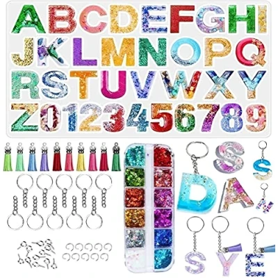 Afbeelding van YFWUQI Epoxyharsvorm, siliconen vorm van epoxyhars, alfabet, complete epoxyharsset, epoxyharsvorm voor knutselen, sieraden, hangers, sleutelhangers