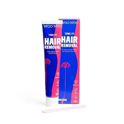 Afbeelding van WooWoo Tame It! Natuurlijke intieme ontharingscrème veganistische voor de gevoelige huid genitale zones, bikini, benen en billen crème onder douche met aloë vera 50 ml