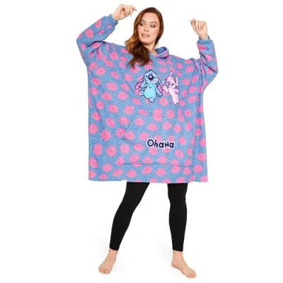 Afbeelding van Disney Damestrui met capuchon, geruite damestrui, oversized poncho trui, Stitch fleece, één maat, Blauw/Roze