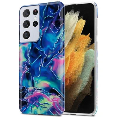 Afbeelding van Cadorabo Hoesje geschikt voor Samsung Galaxy S21 ULTRA in Blauw Roze marmer No. 17 Beschermhoes gemaakt van TPU siliconen Case Cover met mozaïek motief