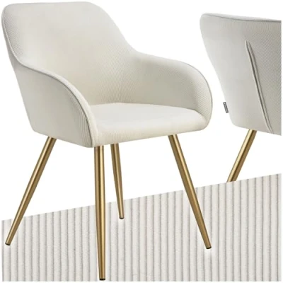Afbeelding van tectake® Stoel Gestoffeerde woonkamerstoel met cordlook/ribstof Designstoel, loungestoel Draagvermogen tot 120kg div kleuren creme/goud
